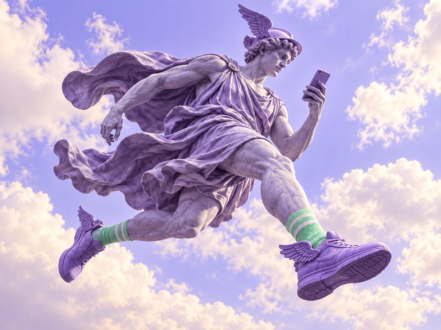 Estátua de Hermes correndo de tênis e meias verdes enquanto confere um contrato no celular