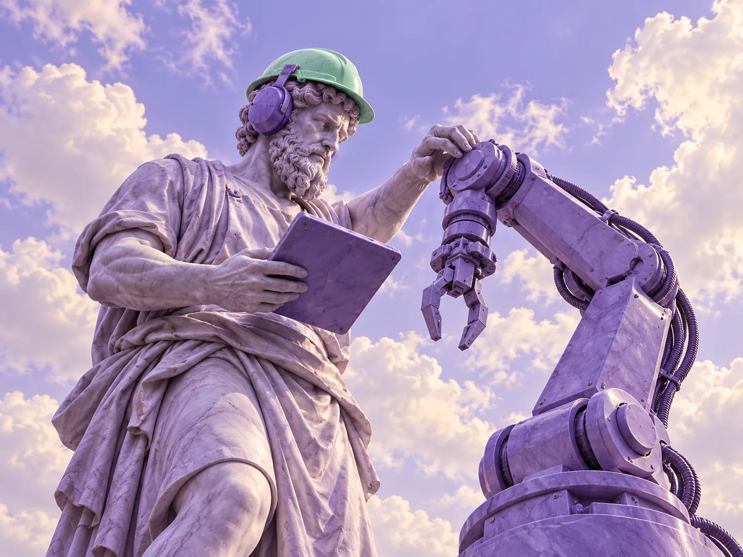 Estátua de Hefesto com capacete de segurança ajustando um braço robótico com um tablet